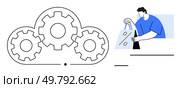 Cloud computing gears symbolize integration a person holds shopping bags. Ideal for digital business, retail technology, e-commerce, cloud services, online shopping, customer experience, automation. Cloud integration of e-commerce with a person holding shopping bags. Стоковая иллюстрация, агентство Ingram Publishing / Фотобанк Лори