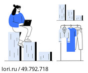 Businesswoman with laptop seated on bar graph beside a rack with blue and white clothing. Ideal for business, fashion, data analysis, ecommerce, graphing trends, market research, entrepreneurship. Businesswoman analyzing data on laptop while sitting on bar graph adjacent to clothing rack. Стоковая иллюстрация, агентство Ingram Publishing / Фотобанк Лори