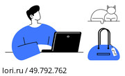 Remote worker at laptop, napping cat, handbag with price tag. Ideal for home office, e-commerce, online shopping, lifestyle, productivity remote work pets. Line metaphor. Remote worker using laptop, cat napping on windowsill, and handbag with price tag. Clean lines and blue hues. Стоковая иллюстрация, агентство Ingram Publishing / Фотобанк Лори