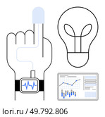 Raised hand with wearable health monitor, light bulb, and data charts. Ideal for healthcare, technology, innovation, wearables, internet of things, data analysis, future trends. Line metaphor. Finger with wearable health monitor, light bulb, and data analytics on screen representing innovation. Стоковая иллюстрация, агентство Ingram Publishing / Фотобанк Лори