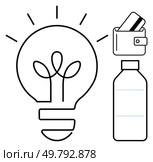 Lightbulb with sprouting plants, wallet holding card, and reusable bottle. Ideal for eco-friendly initiatives, sustainable living, green energy, financial management, minimalism, environmental. Sustainable Living Lightbulb with Plants, Wallet with Card, and Reusable Bottle. Стоковая иллюстрация, агентство Ingram Publishing / Фотобанк Лори
