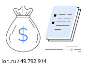 Money bag marked with a dollar sign alongside a stack of documents with checkmarks indicating financial transactions, contracts, or agreements. Ideal for concepts of finance, banking, investments. Money bag with a dollar sign next to a stack of documents with checkmarks representing financial management. Стоковая иллюстрация, агентство Ingram Publishing / Фотобанк Лори