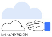 Cloud and hand line graphic embodying connection, technology, networking, communication, support, innovation, and data. Ideal for tech, connectivity cloud computing digital transformation. Connecting with the Cloud Symbol of Modern Technology and Human Interaction. Стоковая иллюстрация, агентство Ingram Publishing / Фотобанк Лори