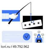 Hand holding fishing rod with password, hacker in hoodie, alert icon, and secure checkmark. Ideal for cybersecurity, data protection, hacking prevention, online safety, phishing scams fraud. Cybersecurity Alert Phishing Attack Illustration with Hacker and Password Protection. Стоковая иллюстрация, агентство Ingram Publishing / Фотобанк Лори