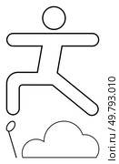 Stick figure character jumping over a hurdle, showcasing movement and determination. Ideal for motivation, personal growth, perseverance, overcoming obstacles, sports, athletics, success concepts. Stick figure character jumping over hurdle in simple line art style, representing overcoming challenges. Стоковая иллюстрация, агентство Ingram Publishing / Фотобанк Лори