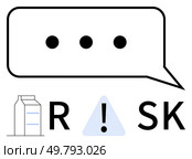 Speech bubble with ellipsis, a carton beside the letter R, an exclamation mark inside a triangle for I, and the letters S K . Ideal for safety communication, risk management, warnings, message. Visual Elements Representing Communication and Warning Within the Context of Risk Management. Стоковая иллюстрация, агентство Ingram Publishing / Фотобанк Лори
