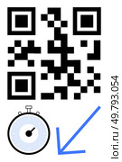 QR code stopwatch blue arrow. Ideal for quick scanning time management, efficiency, technology integration, navigation, digital tools, modern communication. Represents fast-paced tech world. Line. QR Code with Stopwatch and Arrow Indicating Direction for Quick Time Access. Стоковая иллюстрация, агентство Ingram Publishing / Фотобанк Лори