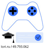Game controller with blue buttons, graduation cap with tassel, and certificate with checkmark. Ideal for e-learning, educational software, gamification, student rewards, interactive learning, online. Gamification in Education Concept with Game Controller, Graduation Cap, and Certificate Checkmark. Стоковая иллюстрация, агентство Ingram Publishing / Фотобанк Лори