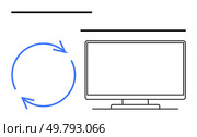 Blank computer monitor adjacent to blue circular arrows indicating process or cycle. Ideal for presentations, business, technology, education, software updates, process optimization, continuous. Digital Progress and Continuity Concept with Blank Monitor and Cyclical Arrows. Стоковая иллюстрация, агентство Ingram Publishing / Фотобанк Лори