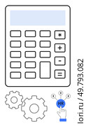 Calculator with gears, technical icons, and HR button indicating human resources automation. Ideal for HR, accounting, payroll, finance, software management engineering. Line metaphor. Calculator with gears and HR button, representing human resources management and technical operations integration. Стоковая иллюстрация, агентство Ingram Publishing / Фотобанк Лори
