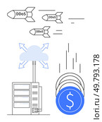 DDoS attacks targeting cloud servers, causing financial losses depicted with falling coins. Ideal for cybersecurity, internet safety, financial impact, server protection, IT infrastructure, cyber. DDoS Attacks Impacting Cloud Servers and Financial Losses in Cybersecurity Threat Illustration. Стоковая иллюстрация, агентство Ingram Publishing / Фотобанк Лори