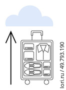 Packed travel suitcase with organized compartments, shoes, and clothes, below a cloud with an upward arrow. Ideal for travel, organization, packing tips, cloud storage, digital solutions minimalism. Efficient packing of a travel suitcase with organized compartments beneath a cloud with upward arrow. Стоковая иллюстрация, агентство Ingram Publishing / Фотобанк Лори