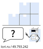 Robot pointing at puzzle pieces. Contains speech bubble, question mark, unfinished puzzle. Ideal for problem-solving, technology, artificial intelligence, educational tools, robotics, puzzles. Robot Pointing at Puzzle Pieces with Speech Bubble Containing Question Mark. Стоковая иллюстрация, агентство Ingram Publishing / Фотобанк Лори