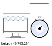 Computer monitor with striped storefront awning and large stopwatch. Ideal for e-commerce, efficiency, time-saving, business, online shopping, productivity, and scheduling. Line metaphor. Online Storefront on Monitor Screen with Stopwatch for Efficiency and Time Management. Стоковая иллюстрация, агентство Ingram Publishing / Фотобанк Лори