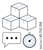 Three boxes stacked a speech bubble with ellipsis and a classic stopwatch. Ideal for logistics, efficiency, shipping, communication, time management, deadlines, teamwork. Line metaphor. Boxes, Chat Bubble, and Stopwatch Representing Efficiency, Communication, and Time Management. Стоковая иллюстрация, агентство Ingram Publishing / Фотобанк Лори