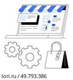 Laptop with e-commerce web, v09site, shopping bag with discount tag, and gears. Ideal for online shopping, e-commerce platforms, marketing, digital business, discounts, web, v09site development tech. Online shopping interface with shopping bag and gears representing e-commerce optimization and settings. Стоковая иллюстрация, агентство Ingram Publishing / Фотобанк Лори