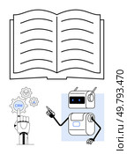 Open book with lines, robot pointing, and gears labeled CRM being touched by a mechanical hand. Ideal for technology, automation, AI, education, innovation, learning, digital transformation themes. Open Book, Robot Pointing and Mechanical Hand Interacting with CRM Gears. Стоковая иллюстрация, агентство Ingram Publishing / Фотобанк Лори