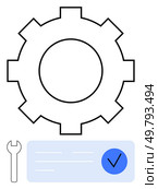 Large gear outline, wrench, and document with check mark. Ideal for maintenance, mechanical processes, technical reviews, workflow verification, engineering tasks, quality control and project. Gear and Wrench Depicting Maintenance and Verification Process for Technical Workflows. Стоковая иллюстрация, агентство Ingram Publishing / Фотобанк Лори