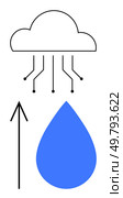 Cloud with circuit lines pointing towards a blue raindrop, upward arrow. Ideal for cloud computing, data storage, technology, weather data, uploads, connectivity innovation themes. Line metaphor. Cloud Computing Up Arrow with Blue Raindrop for Data Upload Concept. Стоковая иллюстрация, агентство Ingram Publishing / Фотобанк Лори