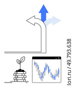 Growth arrow rising, financial chart fluctuating, and plant sprouting from stacked coins. Ideal for finance, investment, economics, growth strategy, financial planning, business success and economic. Growth Arrow and Financial Chart with Money Plant Suggesting Economic and Investment Upturn. Стоковая иллюстрация, агентство Ingram Publishing / Фотобанк Лори