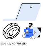 Simplified laptop, currency coin, professional holding document. Ideal for finance, business, technology investment analysis strategy banking. Line metaphor. Line metaphor. Simple line icons. Laptop, Currency Coin and Professional Holding Document Highlighting Finance and Business Efficiency. Стоковая иллюстрация, агентство Ingram Publishing / Фотобанк Лори