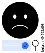 Sad face with downturned mouth, document with checkmark, magnifying glass. Ideal for conveying rejection, failure, disappointment, unsuccessful search, negative feedback, emotional response. Sad Face with Document and Magnifying Glass Symbolizing Rejection or Unsuccessful Search. Стоковая иллюстрация, агентство Ingram Publishing / Фотобанк Лори