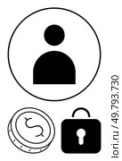 User profile icon with a circle, a dollar coin, and a lock. Ideal for user accounts, financial apps, privacy, security, banking e-commerce online transactions. Line metaphor. User Profile Icon with Lock and Dollar Coin Symbolizing Security and Financial Transactions. Стоковая иллюстрация, агентство Ingram Publishing / Фотобанк Лори