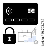 Contactless credit card, lock, suitcase, growth arrows, and stacked coins. Ideal for security, finance, banking business investment security technology online transactions. Line metaphor. Contactless Credit Card, Lock, Suitcase with Graph Arrows and Coins Depicting Security, Finance Growth. Стоковая иллюстрация, агентство Ingram Publishing / Фотобанк Лори
