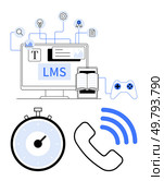 Learning management system on a computer screen book on a tablet, stopwatch, phone, and gaming controller. Ideal for education, e-learning, technology, online courses, time management. Comprehensive Learning Management System Tools Integrated with Educational and Communication Features. Стоковая иллюстрация, агентство Ingram Publishing / Фотобанк Лори