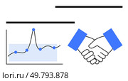 Line graph and handshake symbolize growth collaboration success. Ideal for business, teamwork, strategy, data analysis, partnerships, progress, communication. Line metaphor. Growing Business Success with Data Analytics and Strategic Partnerships. Стоковая иллюстрация, агентство Ingram Publishing / Фотобанк Лори