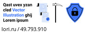 Shield with lock, clipboard with documents and checkmark, pickaxe symbolizes security protocols and data protection, blue and black elements. Ideal for cybersecurity, document security, data mining. Secure Document Management Concept with Shield and Lock, Clipboard, and Pickaxe. Стоковая иллюстрация, агентство Ingram Publishing / Фотобанк Лори