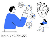 Person pointing at icons representing human senses touch, taste, smell, sight, and hearing. Another individual works on laptop near large heart illustration. Ideal for education, healthcare, anatomy. Person pointing at human senses while another individual works on laptop with human heart illustration. Стоковая иллюстрация, агентство Ingram Publishing / Фотобанк Лори