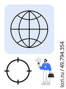 Globe symbolizing connectivity, target icon representing focus, and businessman with a bright idea. Ideal for business strategy, innovation, global reach, technology, entrepreneurship, strategic. Global Connectivity and Innovation Concept with Businessman Holding Light Bulb and Target Icon. Стоковая иллюстрация, агентство Ingram Publishing / Фотобанк Лори