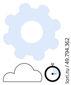 Large light blue gear at the top, black outlined cloud at bottom left, and black stopwatch at bottom right. Ideal for technology, computing, internet, cloud storage, time management, productivity. Gear, Cloud, and Stopwatch Representing Technology, Storage, and Time Management. Стоковая иллюстрация, агентство Ingram Publishing / Фотобанк Лори