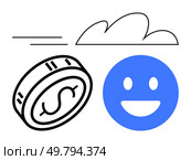 Dollar coin flying with motion lines, smiling blue face, and stylized cloud. Ideal for finance, happiness, speed, success, weather digital assets and positive outcomes. Line metaphor. Flying Dollar Coin, Smiling Face, and Cloud Illustrate Optimism and Speed. Стоковая иллюстрация, агентство Ingram Publishing / Фотобанк Лори