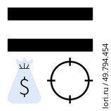 Bold equality symbol, money bag with dollar sign, and target aim circle. Ideal for finance, business goals, investment strategies, wealth management, budgeting equality success. Line metaphor. Equality Symbol, Money Bag with Dollar Sign, and Target Aim Circle Illustrating Financial Goals. Стоковая иллюстрация, агентство Ingram Publishing / Фотобанк Лори