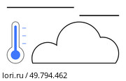 Thermometer showing temperature levels next to a large cloud symbol. Ideal for weather apps, climate reports, educational materials, environmental awareness, meteorology, infographics, and online. Weather Forecast Icon with Thermometer and Cloud Representing Temperature and Climate. Стоковая иллюстрация, агентство Ingram Publishing / Фотобанк Лори