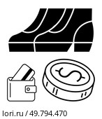 Shoes, wallet with a credit card, and a coin with a dollar sign. Ideal for retail, shopping, finance, footwear, consumer spending money management e-commerce. Line metaphor. Footwear Store Concept with Shoes, Wallet, Credit Card, and Coin Illustrations. Стоковая иллюстрация, агентство Ingram Publishing / Фотобанк Лори