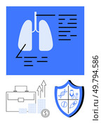 Medical diagram of lungs with annotations, financial growth chart with upward arrows, and shield emblem with medical icons. Ideal for health education, medical presentations, financial growth. Healthcare and Medical Science Lungs Diagram, Financial Growth, and Shield Emblem with Medical Icons. Стоковая иллюстрация, агентство Ingram Publishing / Фотобанк Лори