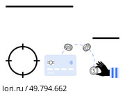 Credit card with contactless symbol, emerging coins, and encroaching thiefs hand. Ideal for online security, digital transactions, fraud prevention, financial technology, cybersecurity awareness. Digital Transactions and Online Payment Security Concept with Credit Card, Coins, and Thiefs Hand. Стоковая иллюстрация, агентство Ingram Publishing / Фотобанк Лори