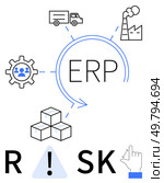 ERP, factory, truck, gear with people, inventory blocks, hand clicking risk warning. Ideal for business operations, logistics, manufacturing human resources risk management inventory and supply. ERP System Integrating Logistics, Manufacturing, Human Resources, Inventory, and Risk Management. Стоковая иллюстрация, агентство Ingram Publishing / Фотобанк Лори