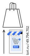 Shopping bag above smartphone screen with online cart. Ideal for e-commerce, digital buying, mobile apps, online shopping, technology growth, consumer behavior, retail evolution. Line metaphor. Transition from Mobile Shopping to Physical Purchases Through Seamless Digital Solutions. Стоковая иллюстрация, агентство Ingram Publishing / Фотобанк Лори