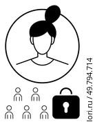 Female avatar within circle group of people, and lock symbol. Ideal for privacy, cybersecurity, online protection, personal data, social networking, digital identity, user profile. Line metaphor. Digital Security Concept with Female Avatar, Group of People, and Lock Symbol. Стоковая иллюстрация, агентство Ingram Publishing / Фотобанк Лори