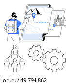 Traveler with backpack interacts with digital map showing a route. Also features gears symbolizing processes and a hierarchical organizational chart. Ideal for travel, navigation, planning. Traveler using map on smartphone to plan route between mountain and castle, with gears and organizational chart. Стоковая иллюстрация, агентство Ingram Publishing / Фотобанк Лори