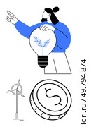 Person holding light bulb with leaf inside, pointing towards wind turbine and dollar coin. Ideal for renewable energy, green finance, sustainability, environmental campaigns, educational materials. Sustainable Energy Solutions Integrating Wind Power and Finance for a Greener Future. Стоковая иллюстрация, агентство Ingram Publishing / Фотобанк Лори