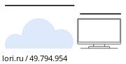 Monitor next to cloud graphic. Ideal for cloud computing, technology, internet storage, remote work, digital transformation, data management, IT solutions. Line metaphor. Cloud Computing Concept with Monitor Representing Online Data Storage and Access. Стоковая иллюстрация, агентство Ingram Publishing / Фотобанк Лори