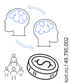 Two heads with brains exchanging ideas via arrows above a coin and a hierarchical team structure. Ideal for education, finance, collaboration, teamwork, idea sharing, communication, and leadership. Knowledge exchange between two minds illustrating teamwork, collaboration, and financial growth. Стоковая иллюстрация, агентство Ingram Publishing / Фотобанк Лори