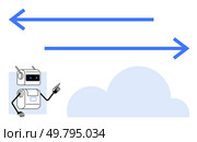 Robot pointing at opposing arrows near a cloud. Ideal for themes of direction, technology, connectivity, communication, guidance, cloud computing, and navigation. Line metaphor. Robot Pointing at Opposite Arrows with Cloud, Representing Direction and Connectivity Concepts. Стоковая иллюстрация, агентство Ingram Publishing / Фотобанк Лори