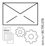 Envelope with gears and invoice document. Ideal for business communication, invoicing, mail services, automation, workflow management, efficiency, and productivity concepts. Line metaphor. Envelope, Invoice, and Gears Representing Business Communication and Automation Processes. Стоковая иллюстрация, агентство Ingram Publishing / Фотобанк Лори