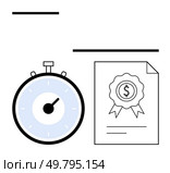 Stopwatch document with money symbol emblem lines. Ideal for productivity, financial success, punctuality, efficiency, recognition, time management, business achievements. Line metaphor. Time Management and Financial Achievement Symbolized by Stopwatch and Certificate with Dollar Sign. Стоковая иллюстрация, агентство Ingram Publishing / Фотобанк Лори